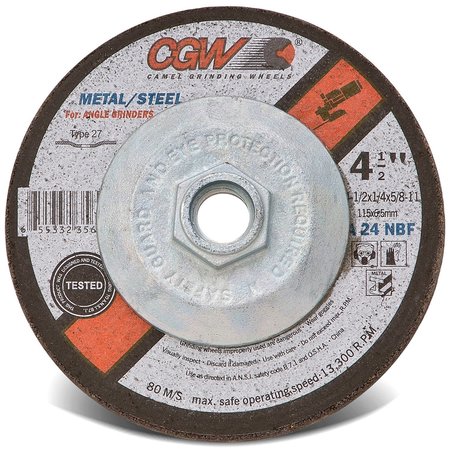 CGW CAMEL GRINDING WHEELS. CGW Abrasives Depressed Center Wheel 4-1/2 x 1/4 x 5/8, 11, Type 27, 24 Grit, Aluminium Oxide 35623